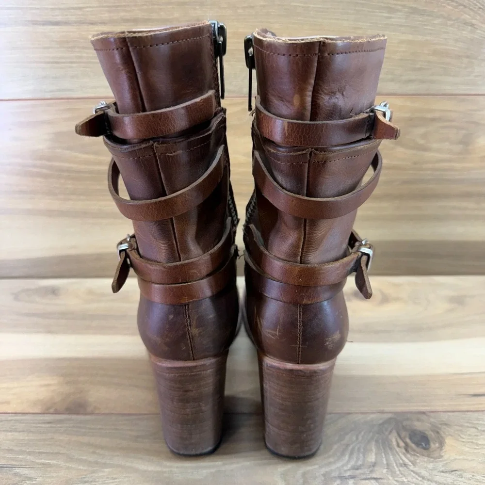 FREEBIRD Baker Mid Boot 9 Cognac Brown Leather Stacked Heel Festival Boho Zip
